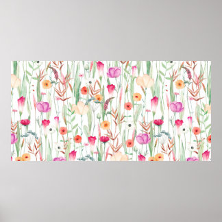 Cute seamless pattern with different wild flowers. poster
