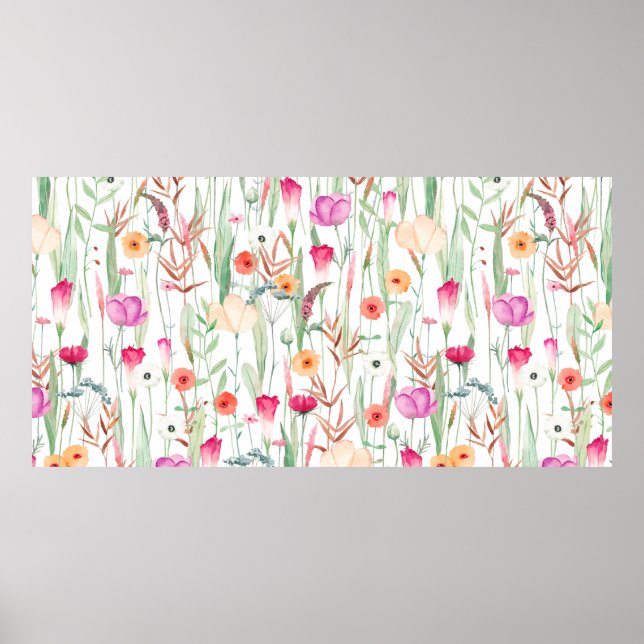 Cute seamless pattern with different wild flowers. poster (Front)