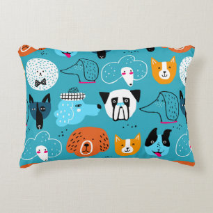 Cute seamless pattern with funny dogs on a blue ba decorative cushion