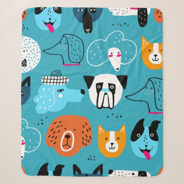 Cute seamless pattern with funny dogs on a blue ba sherpa blanket (Front)