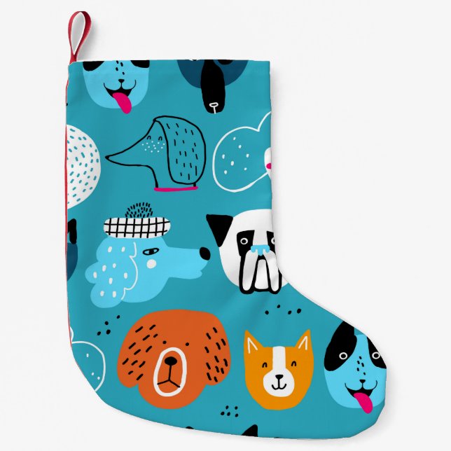 Cute seamless pattern with funny dogs on a blue ba small christmas stocking (Front)