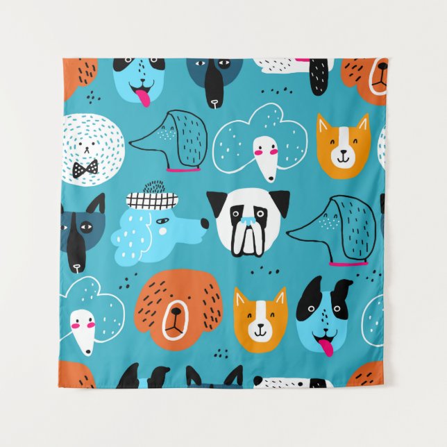 Cute seamless pattern with funny dogs on a blue ba tapestry (Front)