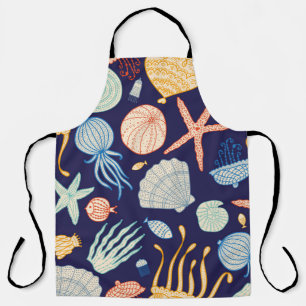 Cute seamless pattern with jellyfish, shells, fish apron