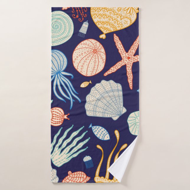 Cute seamless pattern with jellyfish, shells, fish bath towel (Bath Towel)