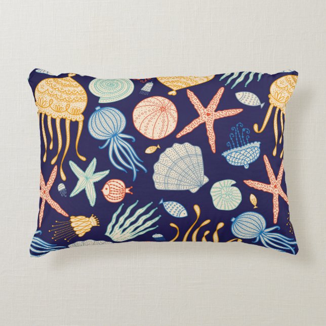 Cute seamless pattern with jellyfish, shells, fish decorative cushion (Front)