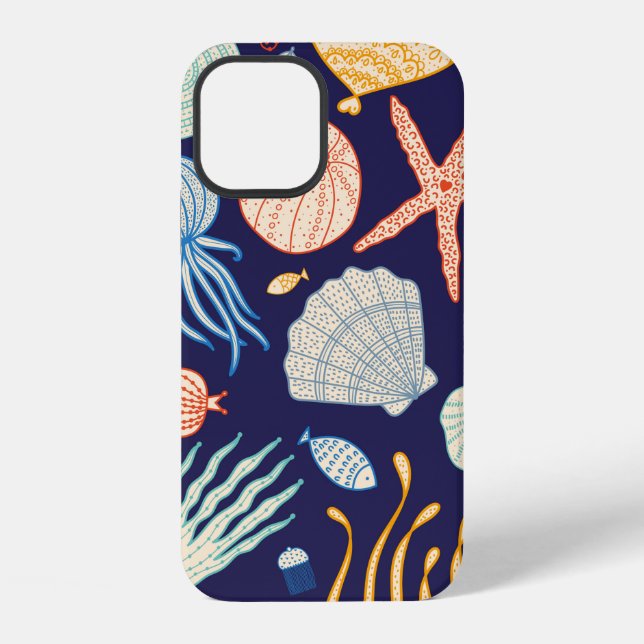 Cute seamless pattern with jellyfish, shells, fish iPhone case (Back)