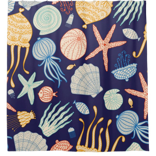 Cute seamless pattern with jellyfish, shells, fish shower curtain (Front)