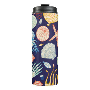 Cute seamless pattern with jellyfish, shells, fish thermal tumbler