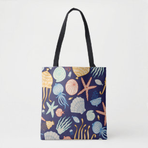 Cute seamless pattern with jellyfish, shells, fish tote bag