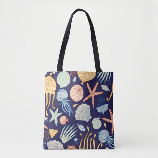Cute seamless pattern with jellyfish, shells, fish tote bag (Front)