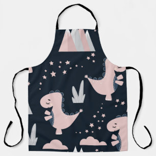 Cute seamless pattern with pink dinosaurs on a dar apron