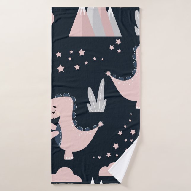 Cute seamless pattern with pink dinosaurs on a dar bath towel (Bath Towel)
