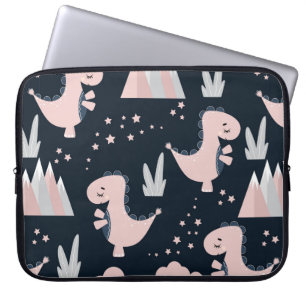 Cute seamless pattern with pink dinosaurs on a dar laptop sleeve