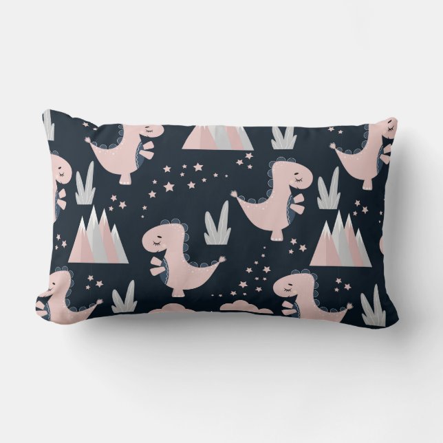 Cute seamless pattern with pink dinosaurs on a dar lumbar cushion (Front)