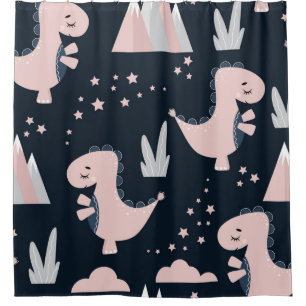 Cute seamless pattern with pink dinosaurs on a dar shower curtain