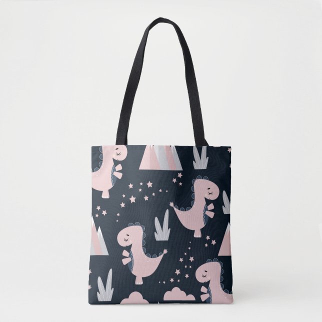 Cute seamless pattern with pink dinosaurs on a dar tote bag (Front)