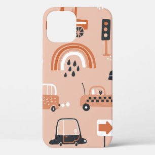 Cute seamless pattern with toy cars. Cartoon cars, iPhone 12 Case