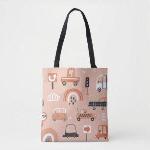 Cute seamless pattern with toy cars. Cartoon cars, Tote Bag