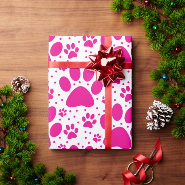 Cute Seamless Pink Paw Print Holiday  Wrapping Paper (Holiday Gift)
