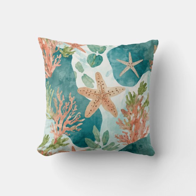Cute Seashell Starfish Beachy Design Cushion (Front)