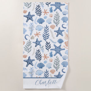 Cute Seashell Starfish Personalised Name Beach Towel