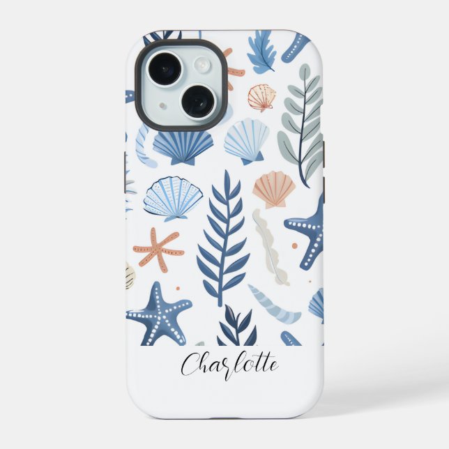 Cute Seashell Starfish Personalised Name iPhone 15 Case (Back)