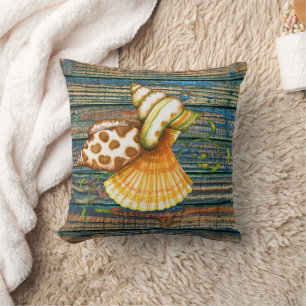 Cute Seashells Old Weathered Wooden Planks Pattern Cushion