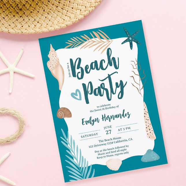 Cute Seashells palm leaf beach party Sweet 16 Invitation (Creator Uploaded)