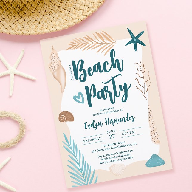 Cute Seashells palm leaf beach party Sweet 16 Invitation (Creator Uploaded)