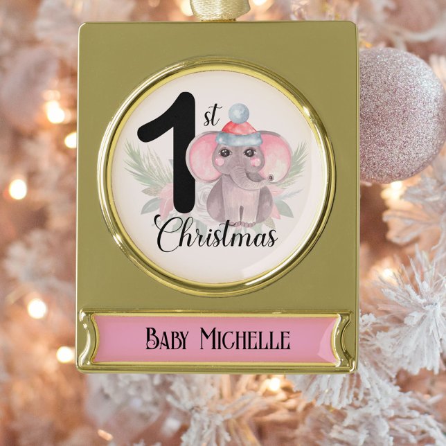 Cute Seasonal Elephant Baby Girl 1st Christmas Gold Plated Banner Ornament (Creator Uploaded)