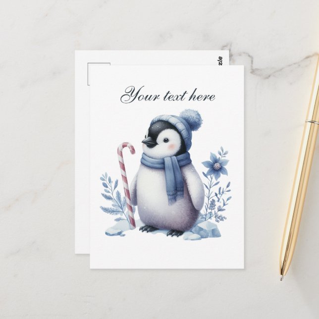 Cute Seasonal Winter penguin lovers add name  Postcard (Front/Back In Situ)