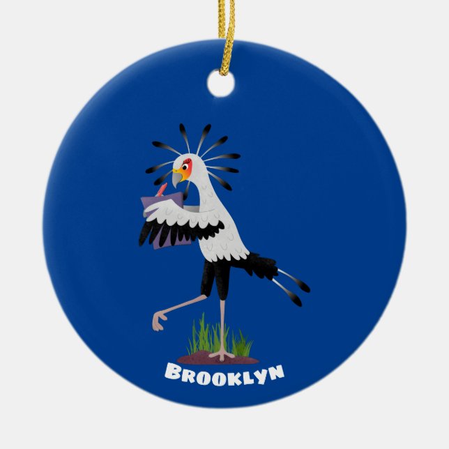 Cute secretary bird writing notes cartoon ceramic ornament (Front)