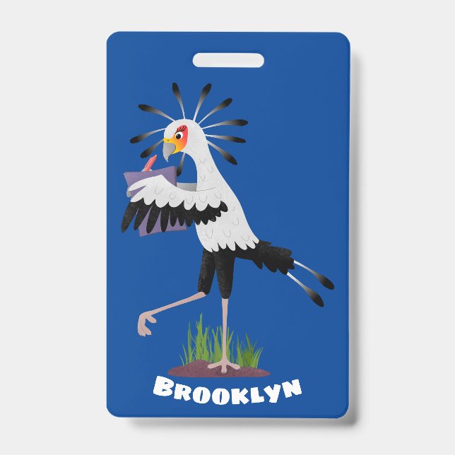 Cute secretary bird writing notes cartoon ID badge (Front)