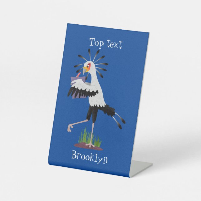 Cute secretary bird writing notes cartoon pedestal sign (Front)