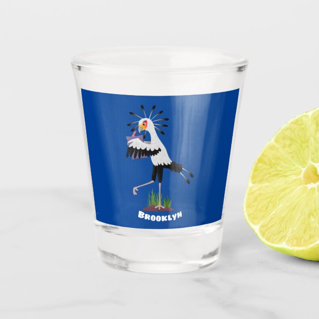 Cute secretary bird writing notes cartoon shot glass (Front)
