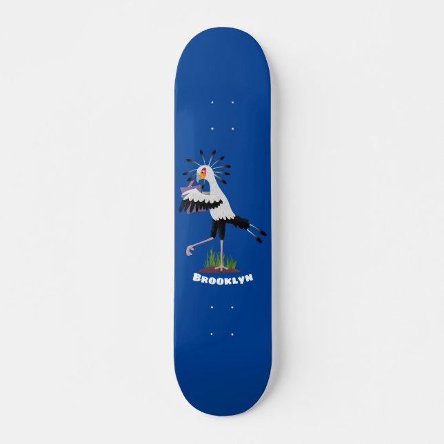 Cute secretary bird writing notes cartoon skateboard (Front)