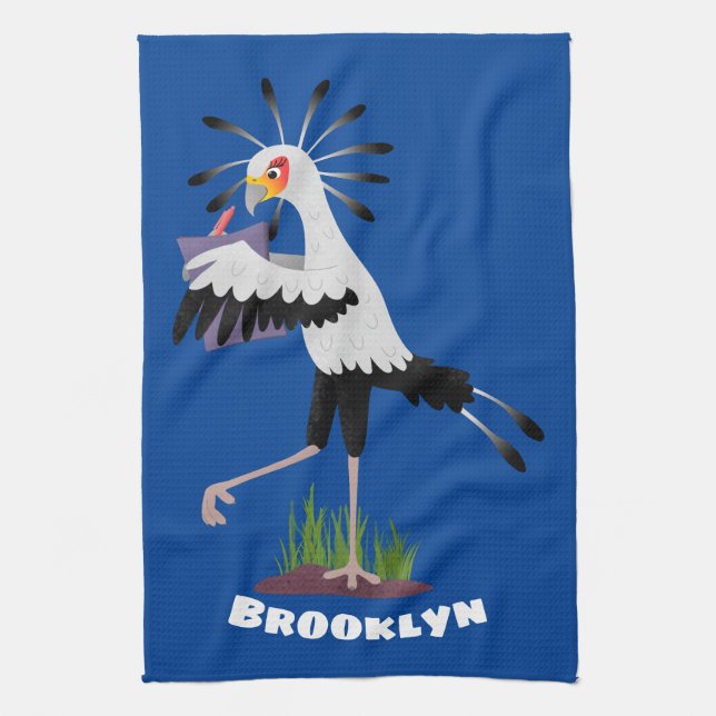 Cute secretary bird writing notes cartoon tea towel (Vertical)