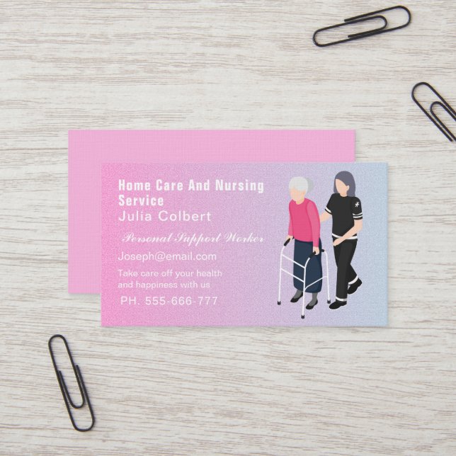 Cute Senior Companion or Elderly Caregiver pink Business Card (Front/Back In Situ)