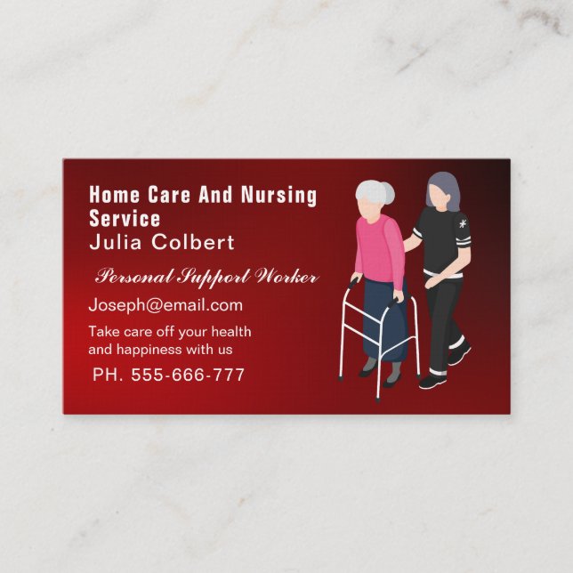 Cute Senior Companion or Elderly Caregiver red Business Card (Front)