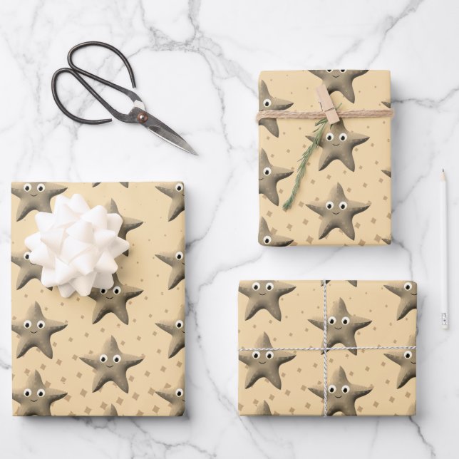 Cute Sepia Starfish Pattern Wrapping Paper Sheet (Front)