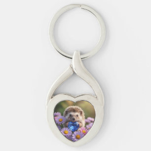 Cute September Hedgehog with Sapphire Heart Key Ring