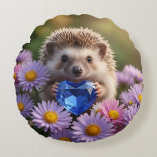 Cute September Hedgehog with Sapphire Heart Round Cushion