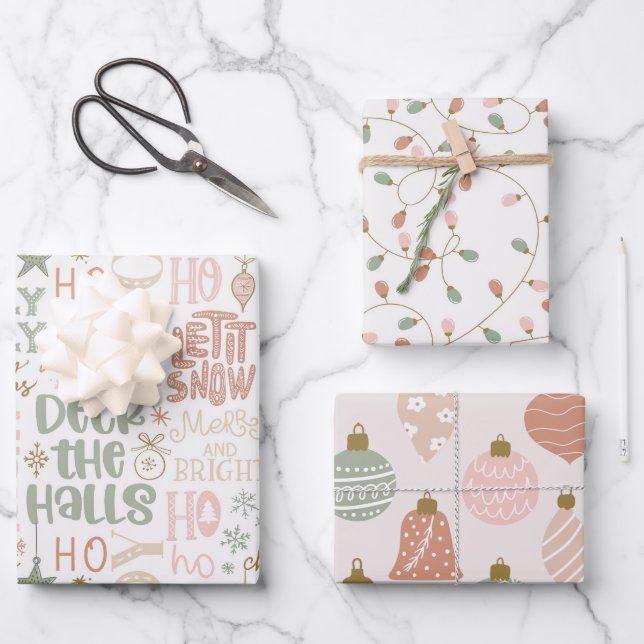 Cute Set Pink and Sage Green Christmas  Wrapping Paper Sheet (Front)