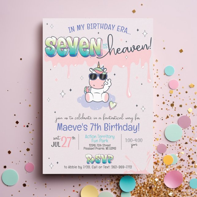 Cute SEVEN is Heaven Unicorn Girl 7th Birthday Era Invitation (In My Birthday Era Seven is Heaven pink purple retro sparkles pastel graffiti 7th girl birthday)