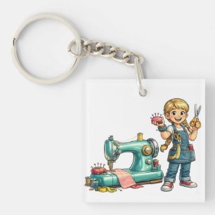 Cute Sewing Girl Cartoon with Vintage Machine Key Ring