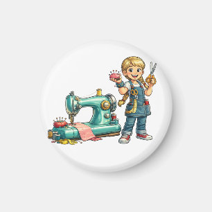 Cute Sewing Girl Cartoon with Vintage Machine Magnet