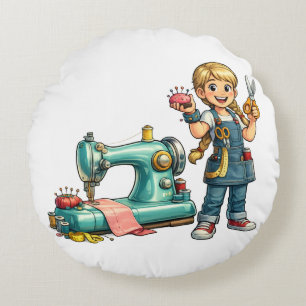 Cute Sewing Girl Cartoon with Vintage Machine Round Cushion