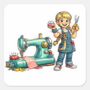 Cute Sewing Girl Cartoon with Vintage Machine Square Sticker