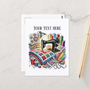 Cute sewing lovers add text postcard