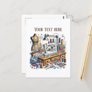 Cute sewing lovers add text postcard